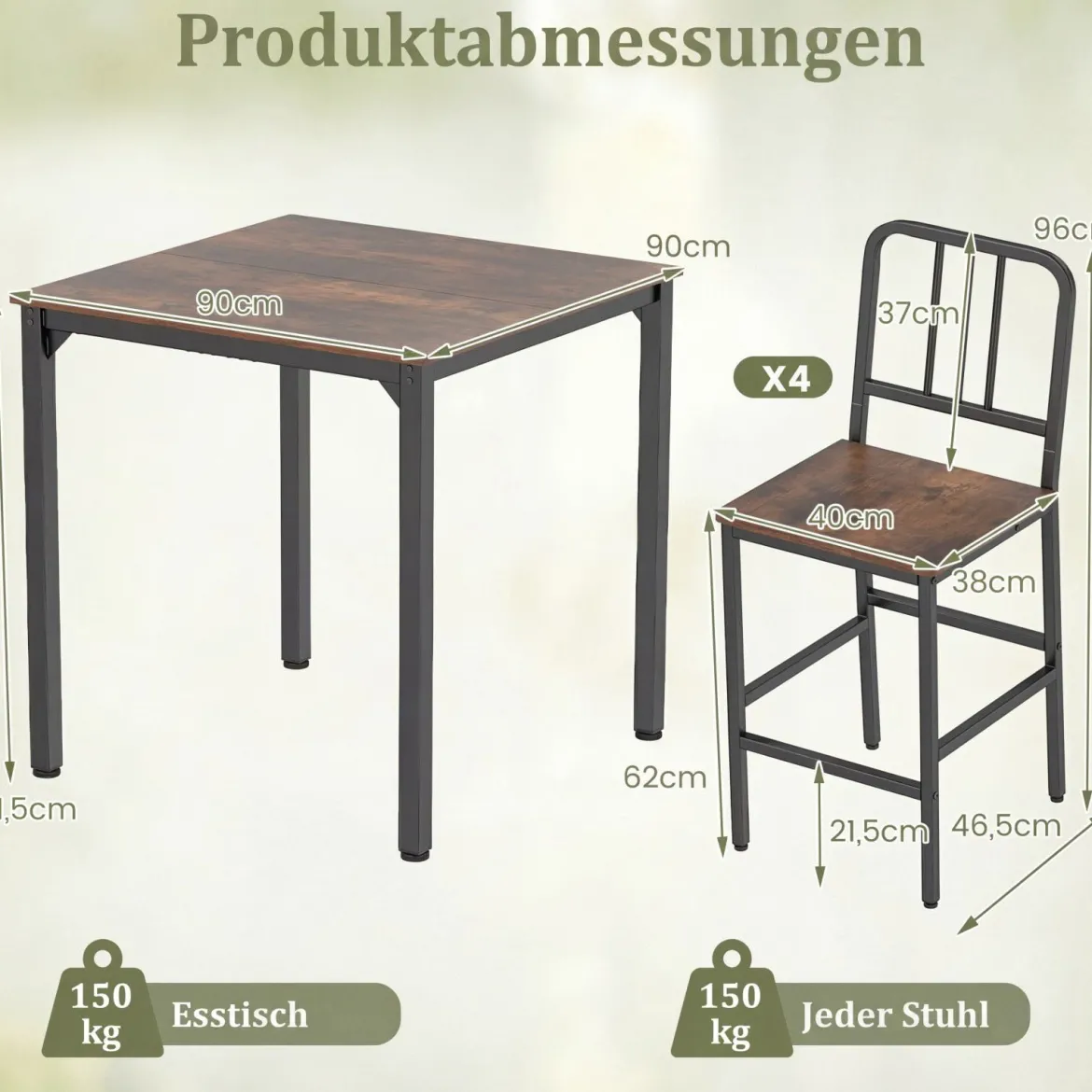 Esstisch mit 4 Barhockern Küchentisch in Thekenhöhe für 4 Personen Bartisch Set für Küche Braun