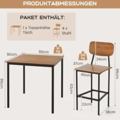 Esstisch mit 4 Barhockern Küchentisch in Thekenhöhe Metallrahmen Essgruppe für 4 Menschen Dunkelbraun