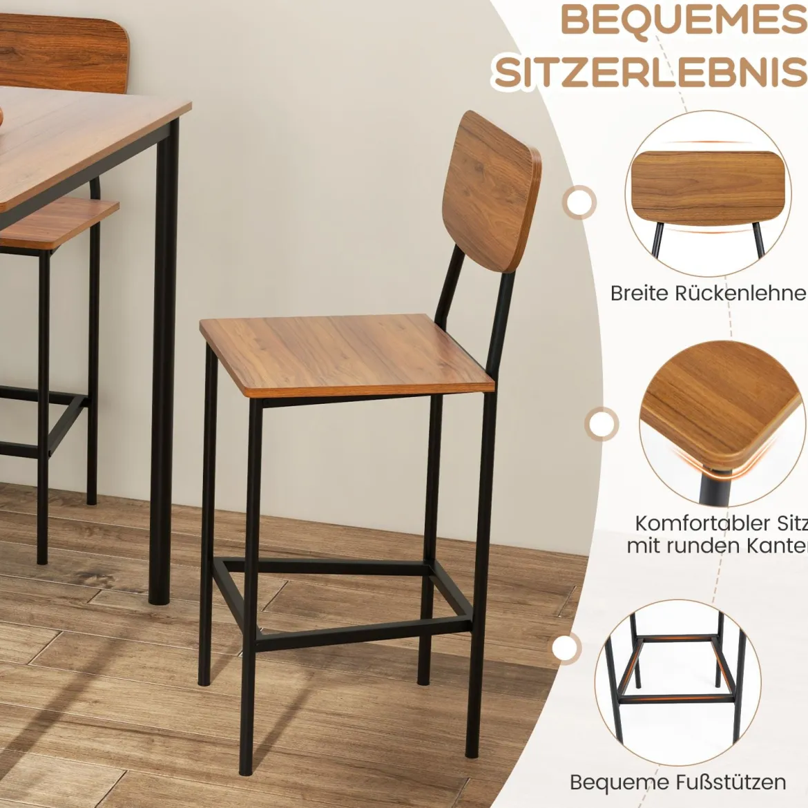 Esstisch mit 4 Barhockern Küchentisch in Thekenhöhe Metallrahmen Essgruppe für 4 Menschen Dunkelbraun