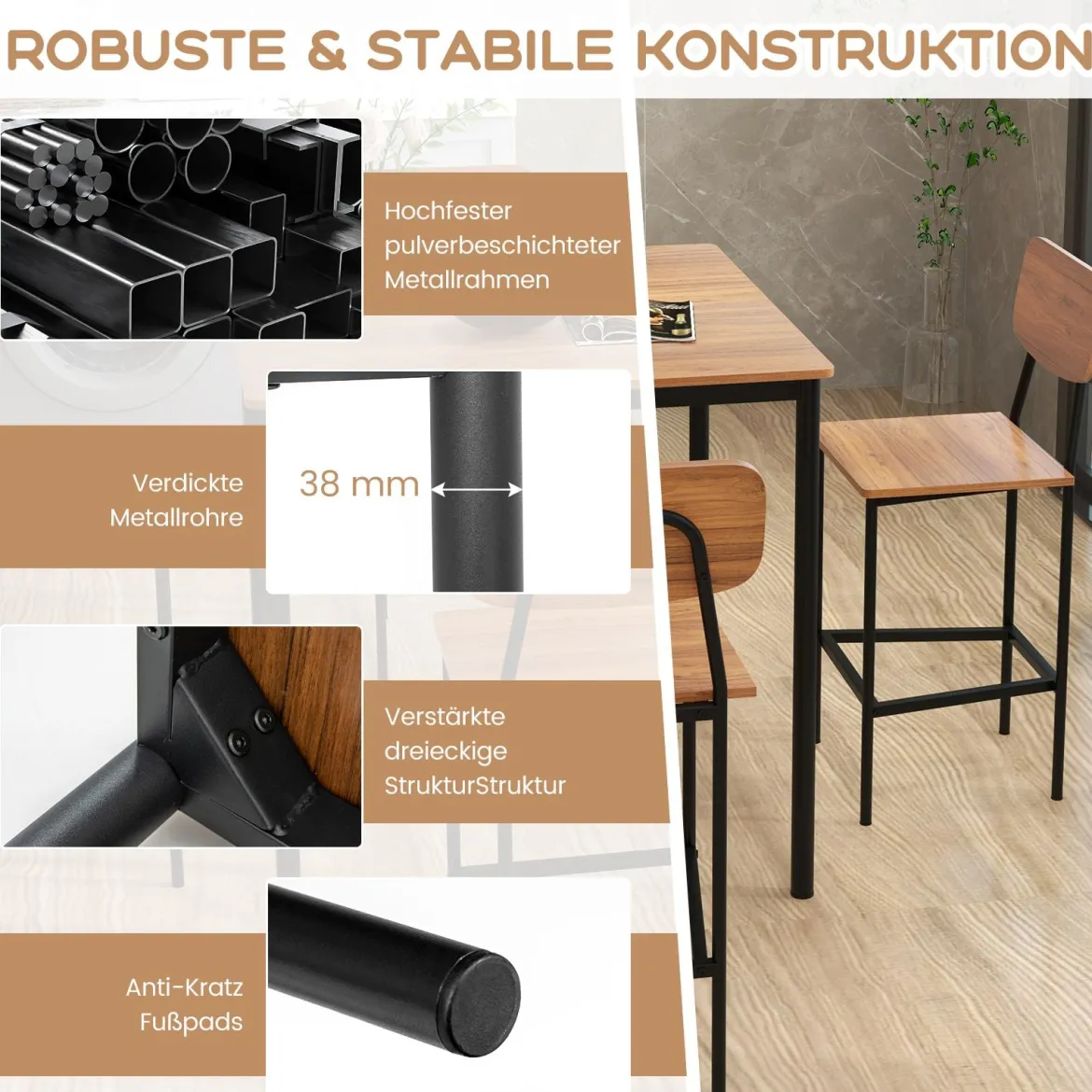 Esstisch mit 4 Barhockern Küchentisch in Thekenhöhe Metallrahmen Essgruppe für 4 Menschen Dunkelbraun