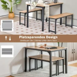 Esstisch mit 2 Bänken mit Rostfreiem Metallrahmen 3er-Set Essgruppe Sitzgruppe Natur