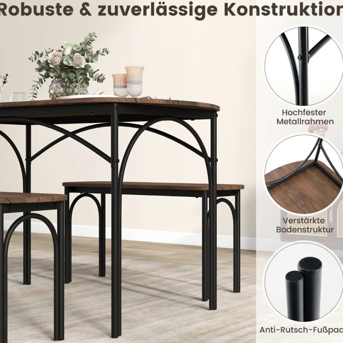 Esstisch Set 3-teilig Küchentisch mit 2 Bänken Essgruppe für 4 Personen Bartisch Set für Küche