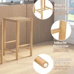Esszimmer-Barhocker-Set Rahmen aus Gummibaumholz & Sitz aus geflochtenem Papier Rustikaler Barhocker in Counter-Höhe65 cm