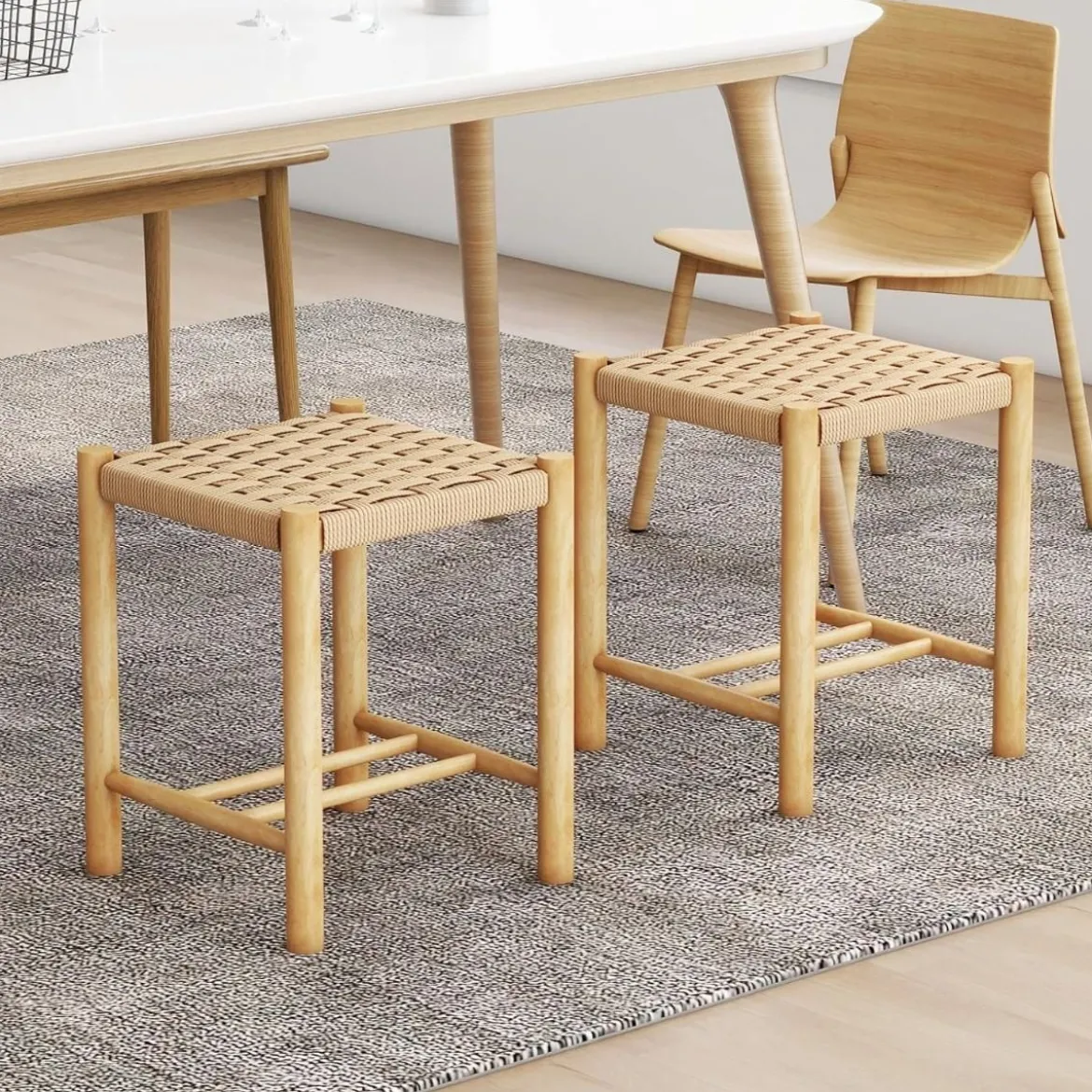 Esszimmerhocker-Set Rahmen aus Gummibaumholz & Sitz aus geflochtenem Papier 36 x 36 x 45 cm