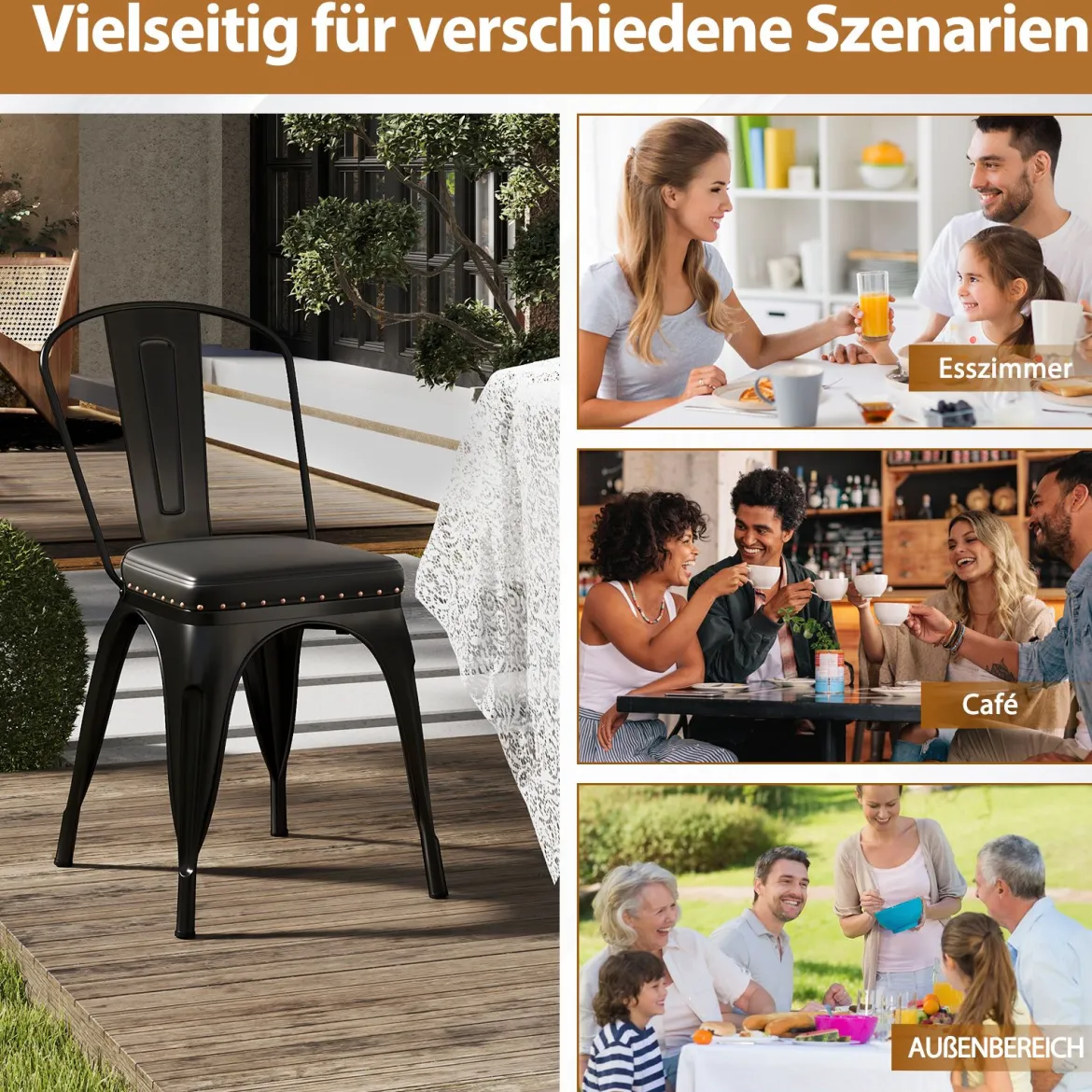 Esszimmerstühle 4er Set Bistrostuhl Metallstuhl stapelbar Küchenstühle gepolstert Gartenstühle mit Rückenlehne 44 x 53 x 84 cm Schwarz