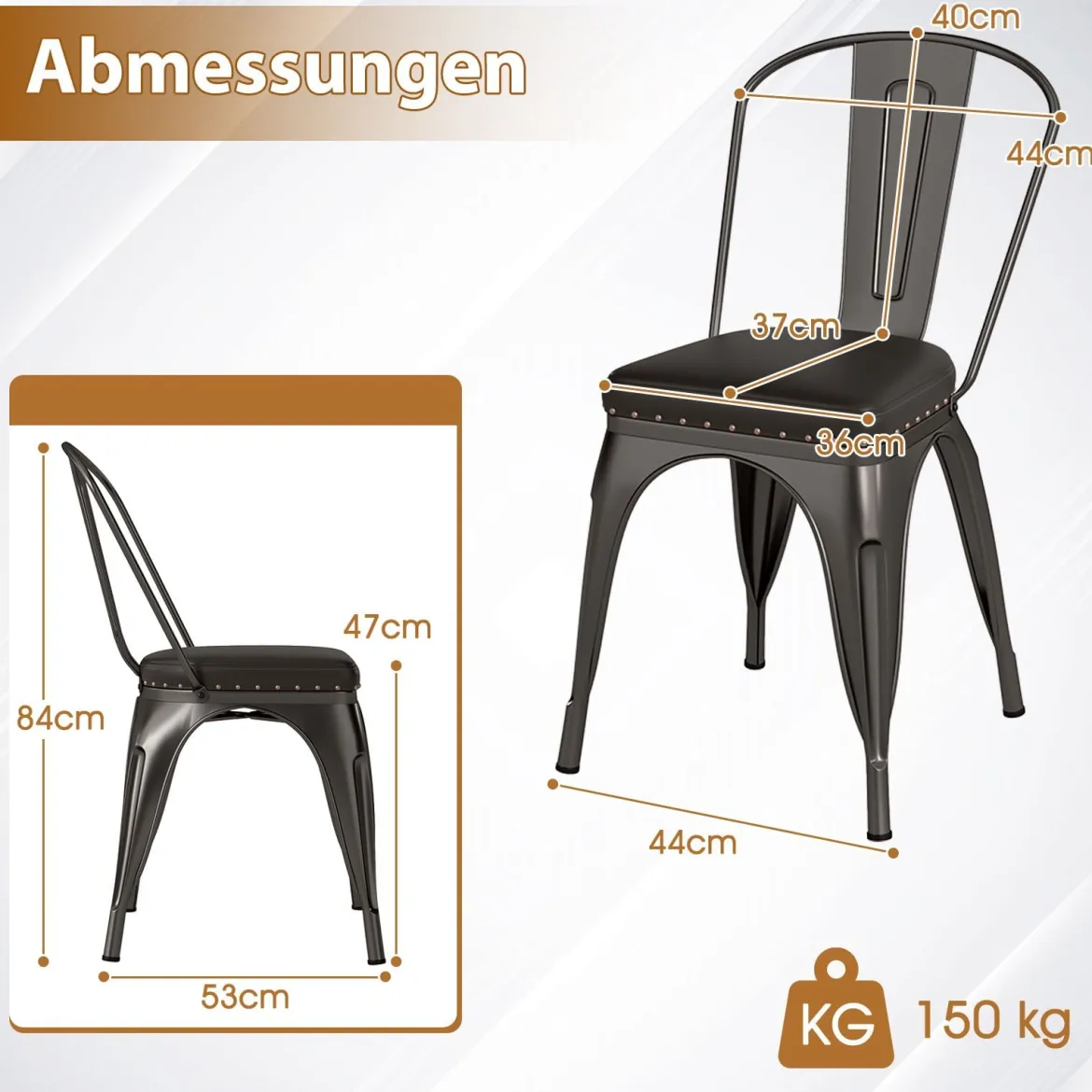 Esszimmerstühle 4er Set Bistrostuhl Metallstuhl stapelbar Küchenstühle gepolstert Gartenstühle mit Rückenlehne 44 x 53 x 84 cm Schussgrau