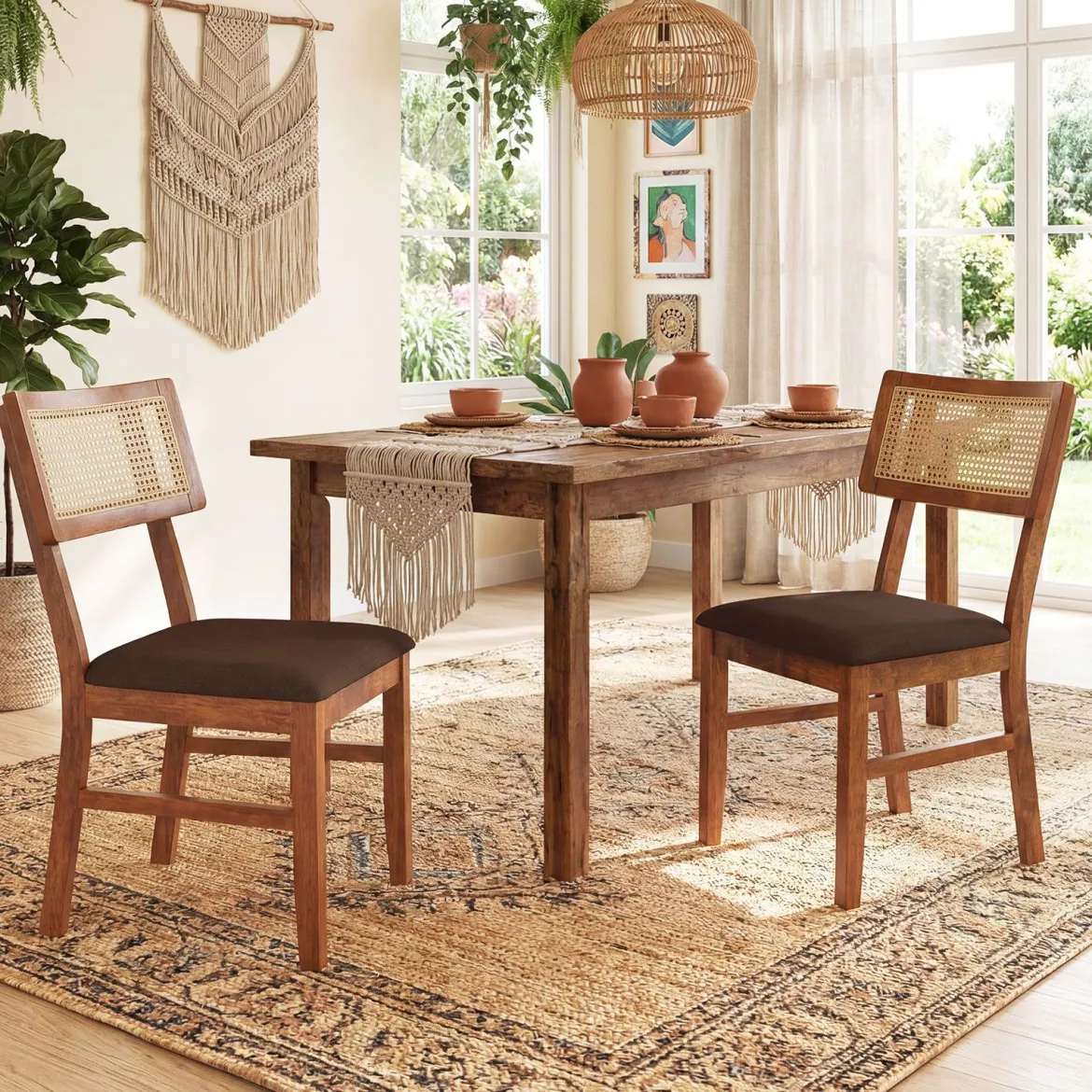 Esszimmerstühle 2er Set gepolsterte Esszimmerstühle mit handgewebter Rattan-Rückenlehne Braun