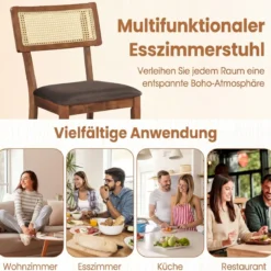 Esszimmerstühle 2er Set gepolsterte Esszimmerstühle mit handgewebter Rattan-Rückenlehne Braun
