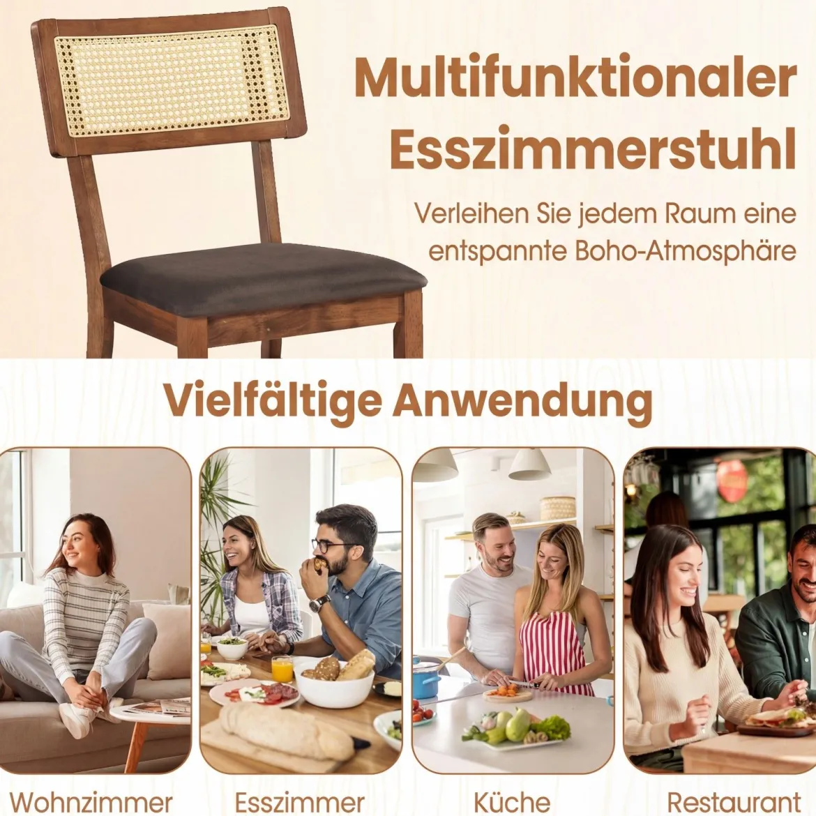 Esszimmerstühle 2er Set gepolsterte Esszimmerstühle mit handgewebter Rattan-Rückenlehne Braun