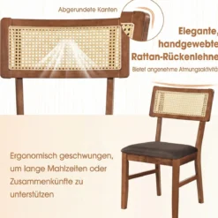 Esszimmerstühle 2er Set gepolsterte Esszimmerstühle mit handgewebter Rattan-Rückenlehne Braun