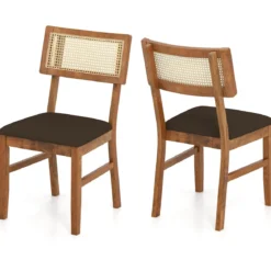 Esszimmerstühle 2er Set gepolsterte Esszimmerstühle mit handgewebter Rattan-Rückenlehne Braun