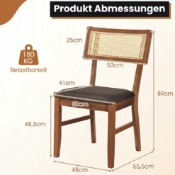 Esszimmerstühle 2er Set gepolsterte Esszimmerstühle mit handgewebter Rattan-Rückenlehne Braun