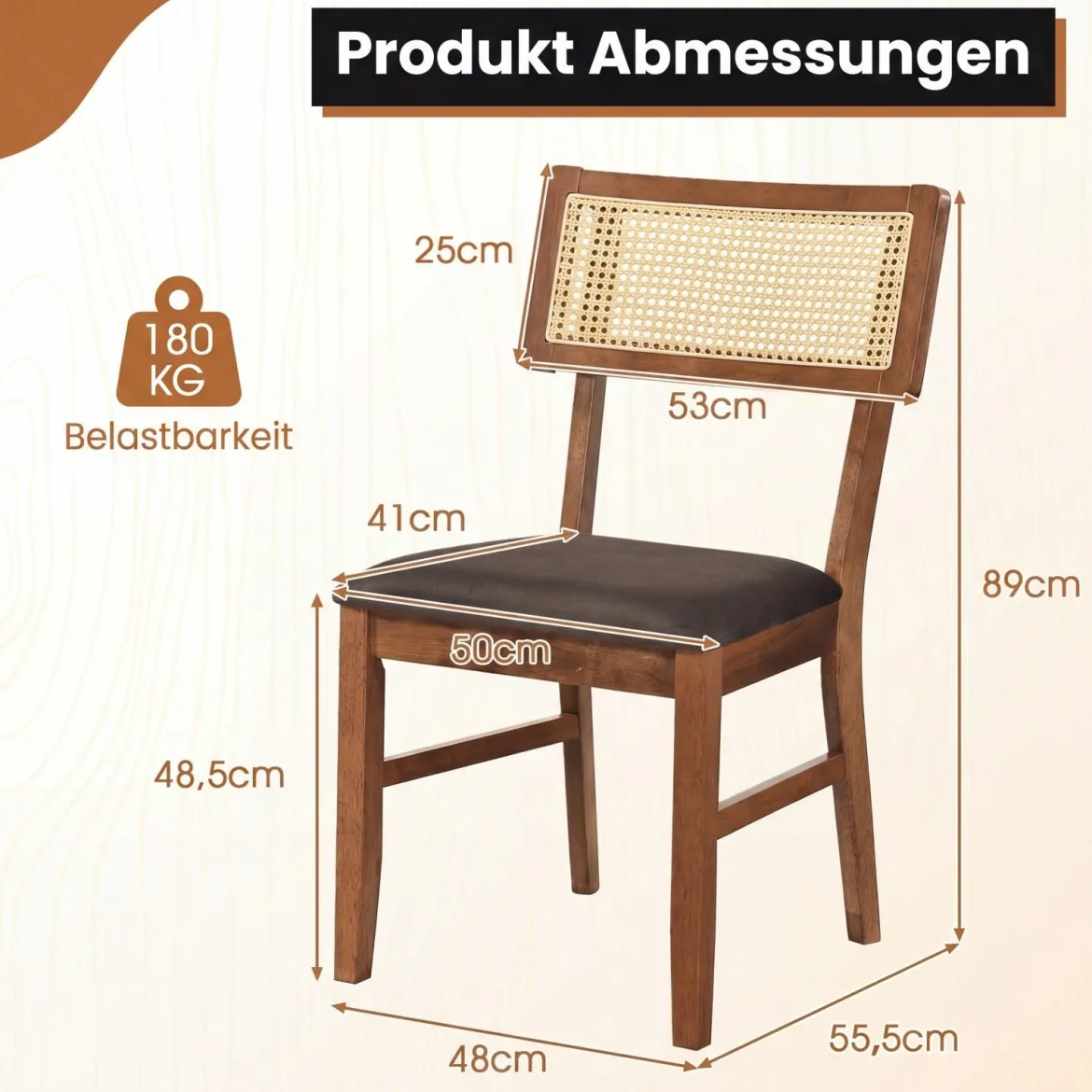 Esszimmerstühle 2er Set gepolsterte Esszimmerstühle mit handgewebter Rattan-Rückenlehne Braun
