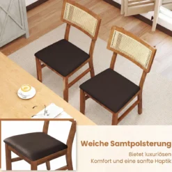 Esszimmerstühle 2er Set gepolsterte Esszimmerstühle mit handgewebter Rattan-Rückenlehne Braun