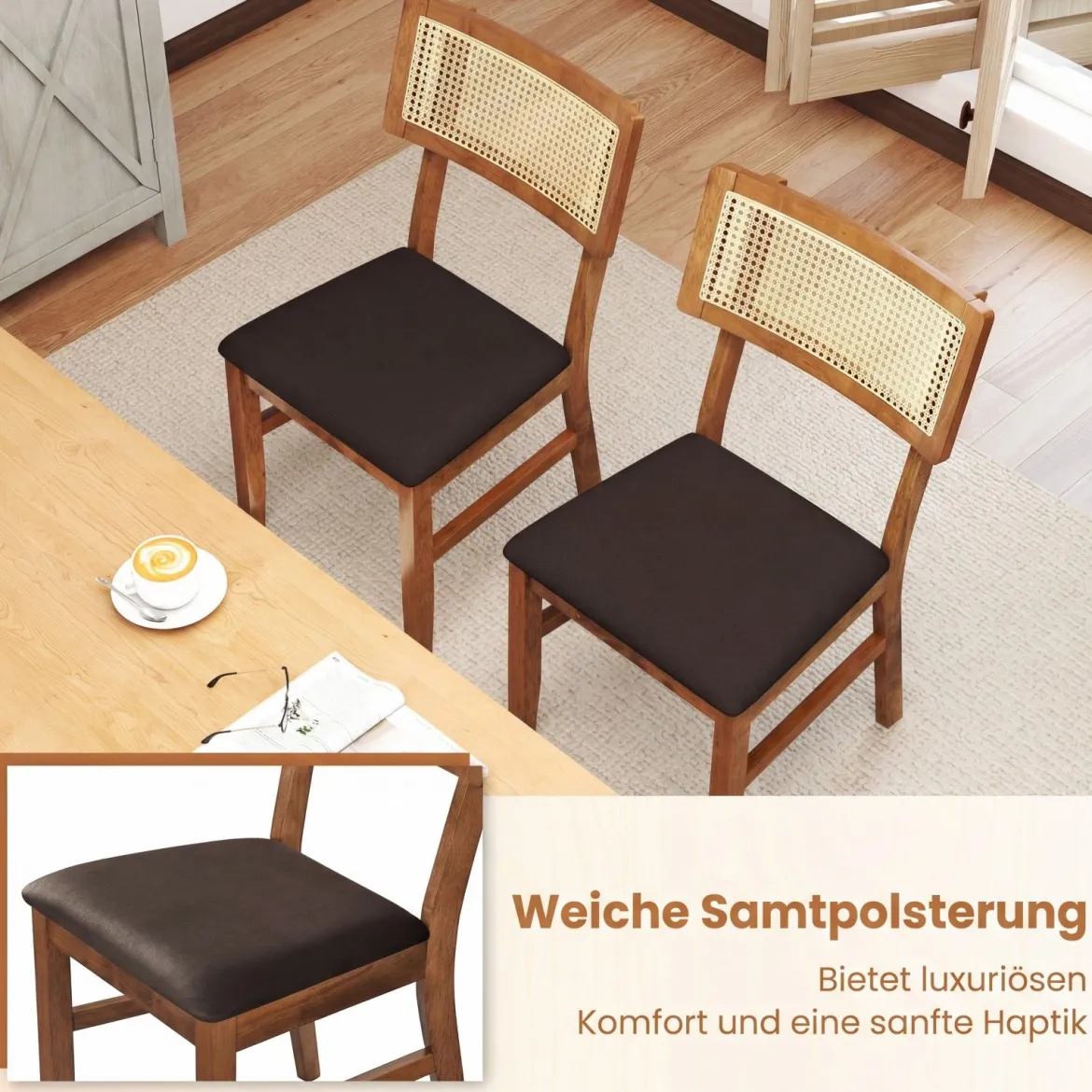Esszimmerstühle 2er Set gepolsterte Esszimmerstühle mit handgewebter Rattan-Rückenlehne Braun
