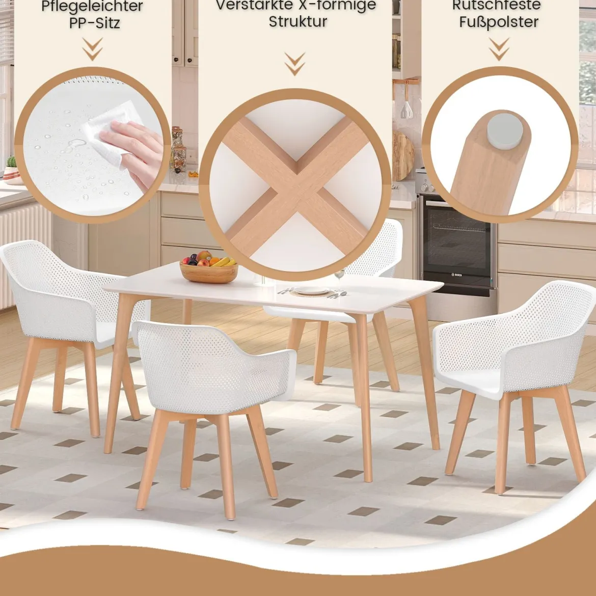 Esszimmerstühle 2er set Küchenstühle mit Holzbeinen atmungsaktive hohle Rückenlehne & breiter Sitz Akzent-Stühle Weiß