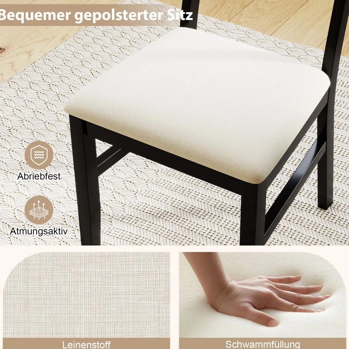 Esszimmerstühle 2er set Küchenstühle mit gepolstertem Sitz Gummibaumholz Beine Schwarz