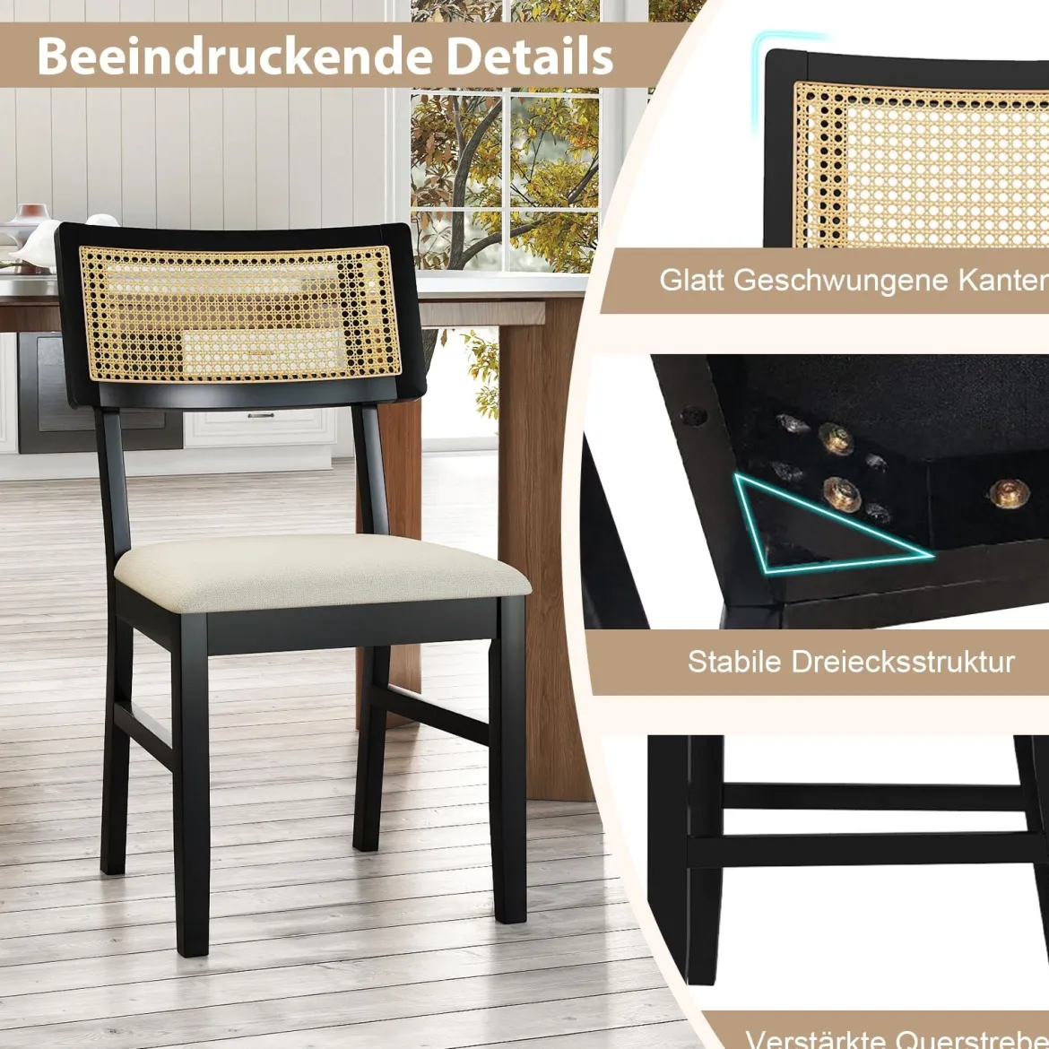 Esszimmerstühle 2er set Küchenstühle mit gepolstertem Sitz Gummibaumholz Beine Schwarz