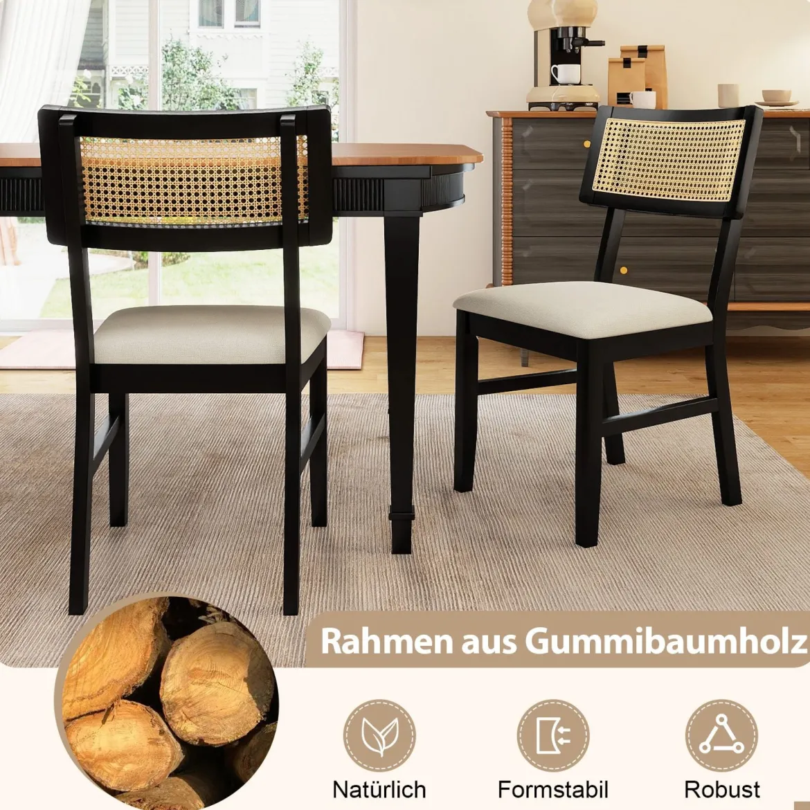 Esszimmerstühle 2er set Küchenstühle mit gepolstertem Sitz Gummibaumholz Beine Schwarz