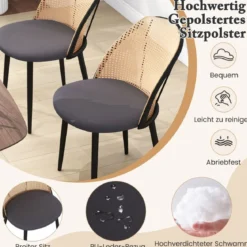 Esszimmerstühle im 2er-Set Bauernhaus-Küchenstühle ohne Armlehnen mit Rattanrückenlehne Grau