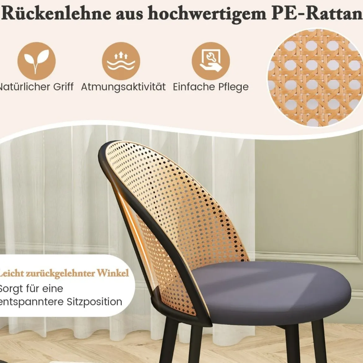 Esszimmerstühle im 2er-Set Bauernhaus-Küchenstühle ohne Armlehnen mit Rattanrückenlehne Grau