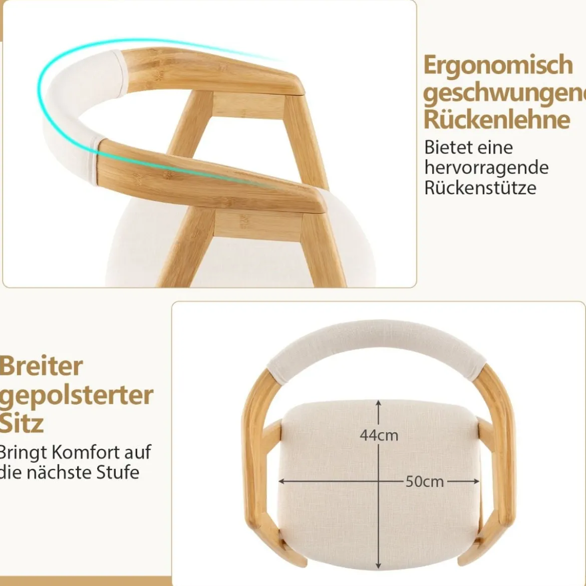 Esszimmerstuhl aus Bambus Akzentstuhl mit Rückenlehne und Sitzkissen gepolsterter Boho-Freizeitstuhl Natur