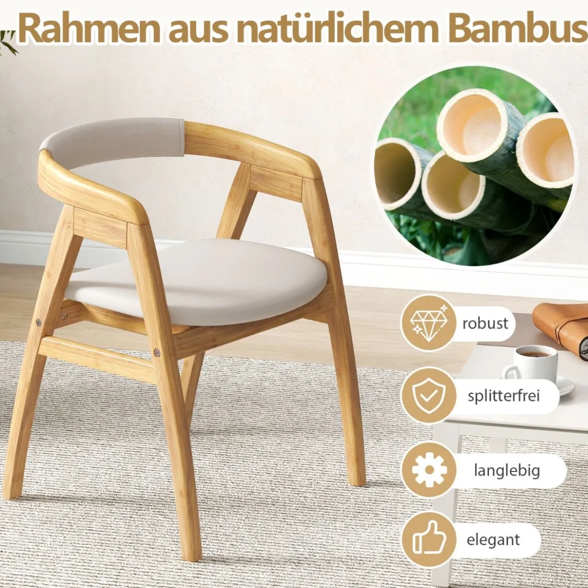 Esszimmerstuhl aus Bambus Akzentstuhl mit Rückenlehne und Sitzkissen gepolsterter Boho-Freizeitstuhl Natur