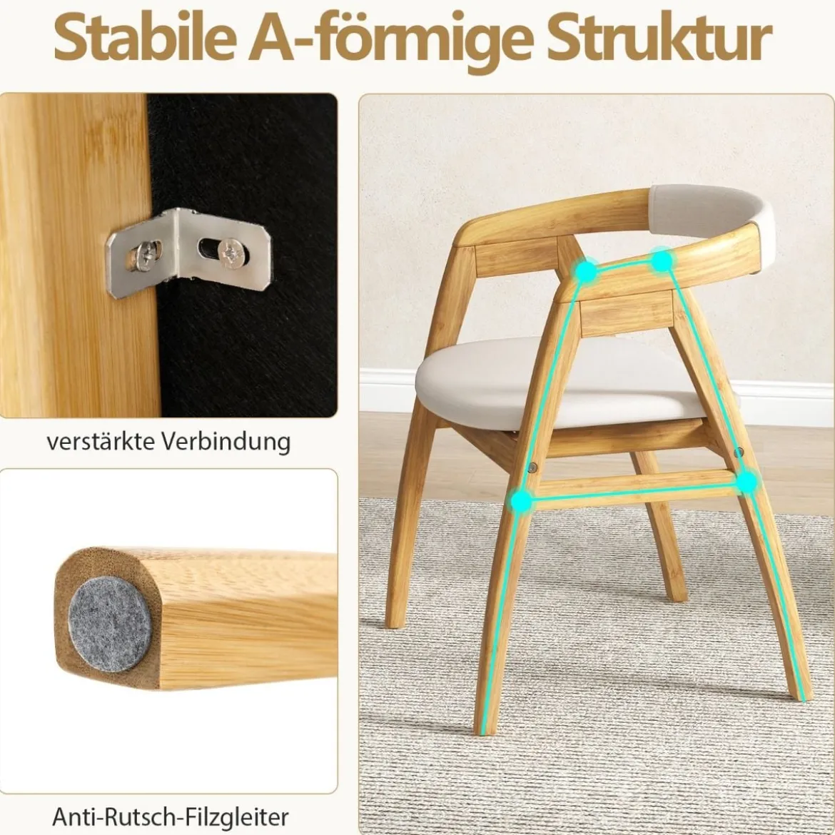 Esszimmerstuhl aus Bambus Akzentstuhl mit Rückenlehne und Sitzkissen gepolsterter Boho-Freizeitstuhl Natur