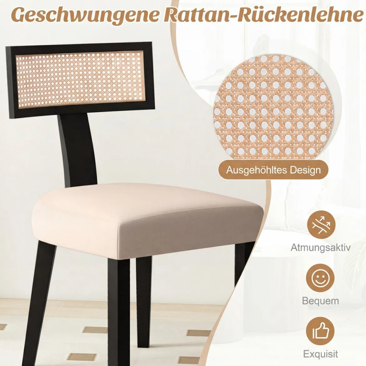Esszimmerstuhl Küchenstuhl mit Rattan Rückenlehne gepolsterter Sitz & Holzbeine Schwarz
