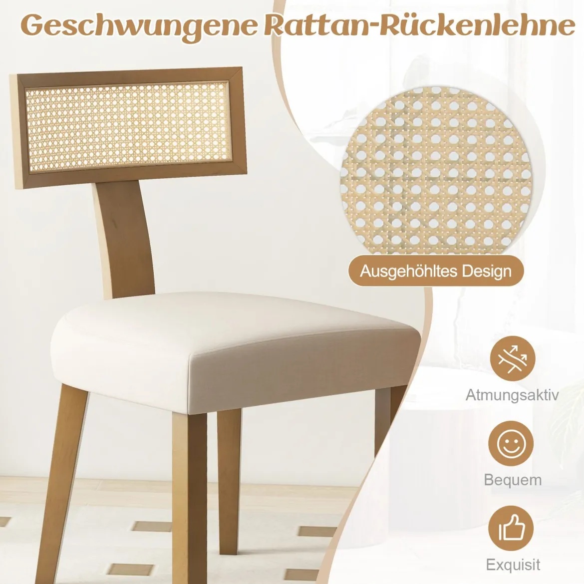 Esszimmerstuhl Küchenstuhl mit Rattan Rückenlehne gepolsterter Sitz & Holzbeine Beige