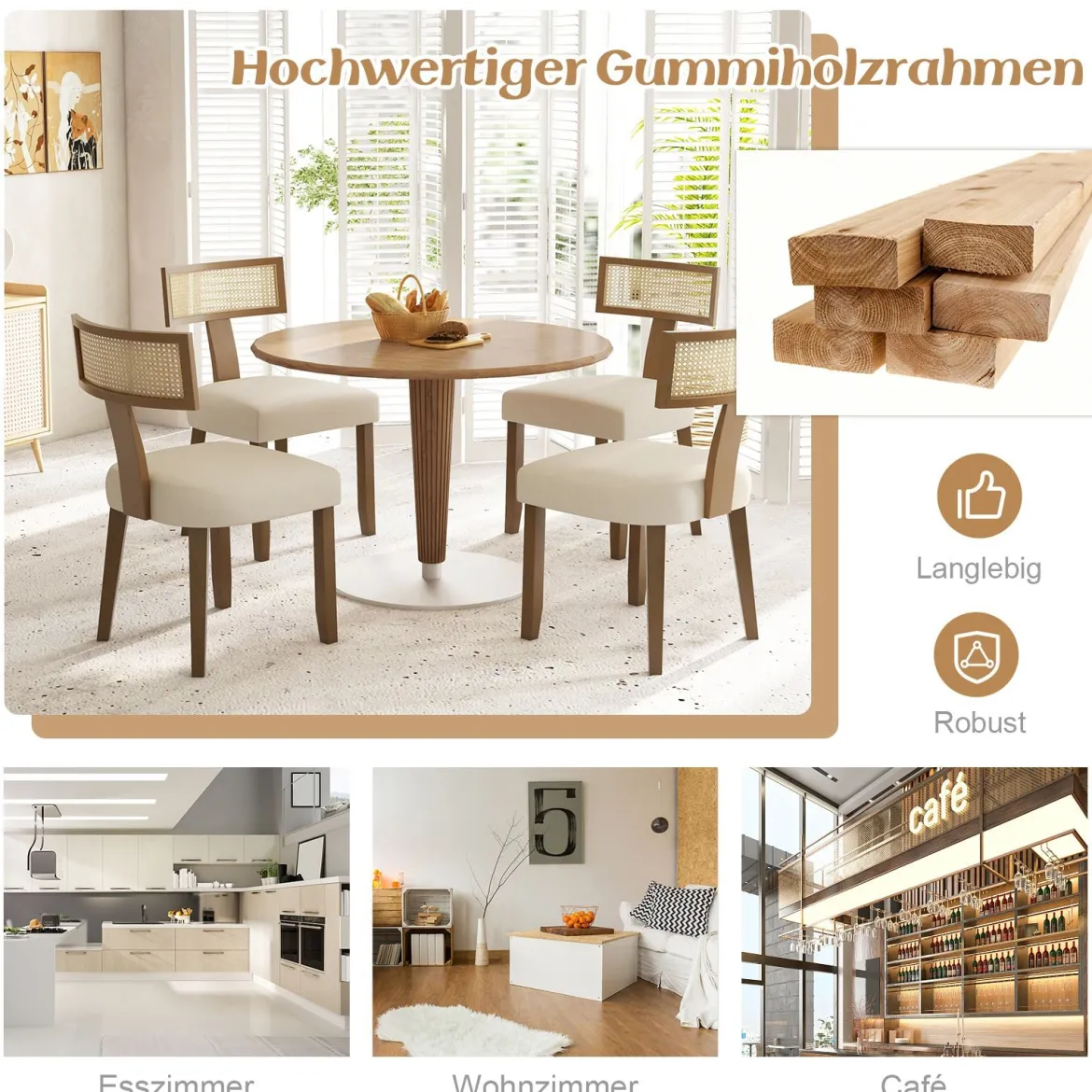 Esszimmerstuhl Küchenstuhl mit Rattan Rückenlehne gepolsterter Sitz & Holzbeine Beige