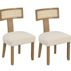 Esszimmerstuhl Küchenstuhl mit Rattan Rückenlehne gepolsterter Sitz & Holzbeine Beige
