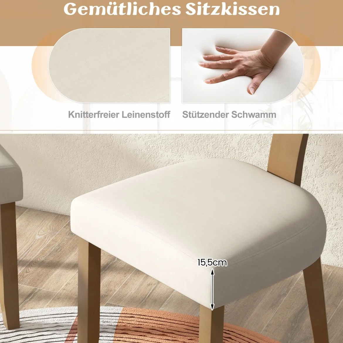 Esszimmerstuhl Küchenstuhl mit Rattan Rückenlehne gepolsterter Sitz & Holzbeine Beige