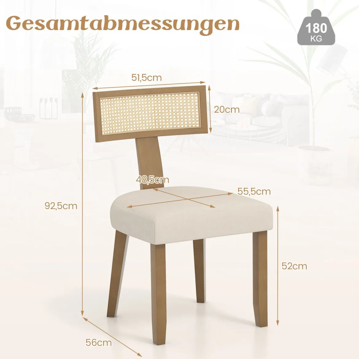Esszimmerstuhl Küchenstuhl mit Rattan Rückenlehne gepolsterter Sitz & Holzbeine Beige