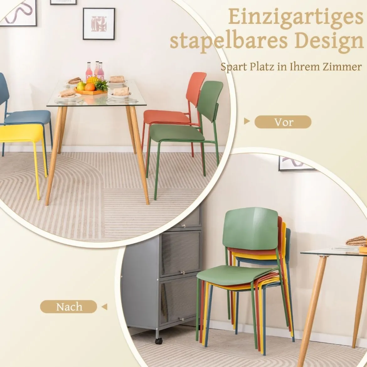 Esszimmerstuhl-Set aus 4 Stühlen Küchenstühle mit Rückenlehne stapelbare Küchensessel Bunt/Schwarz