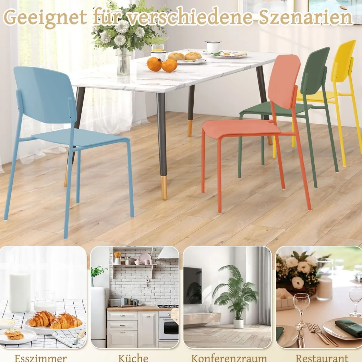 Esszimmerstuhl-Set aus 4 Stühlen Küchenstühle mit Rückenlehne stapelbare Küchensessel Bunt/Schwarz