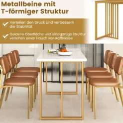 Esszimmertisch Holz 160 x 60 cm rechteckiger Küchentisch mit Marmoroptik & Metallbeinen Weiß + Gold