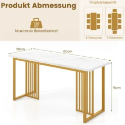 Esszimmertisch Holz 160 x 60 cm rechteckiger Küchentisch mit Marmoroptik & Metallbeinen Weiß + Gold