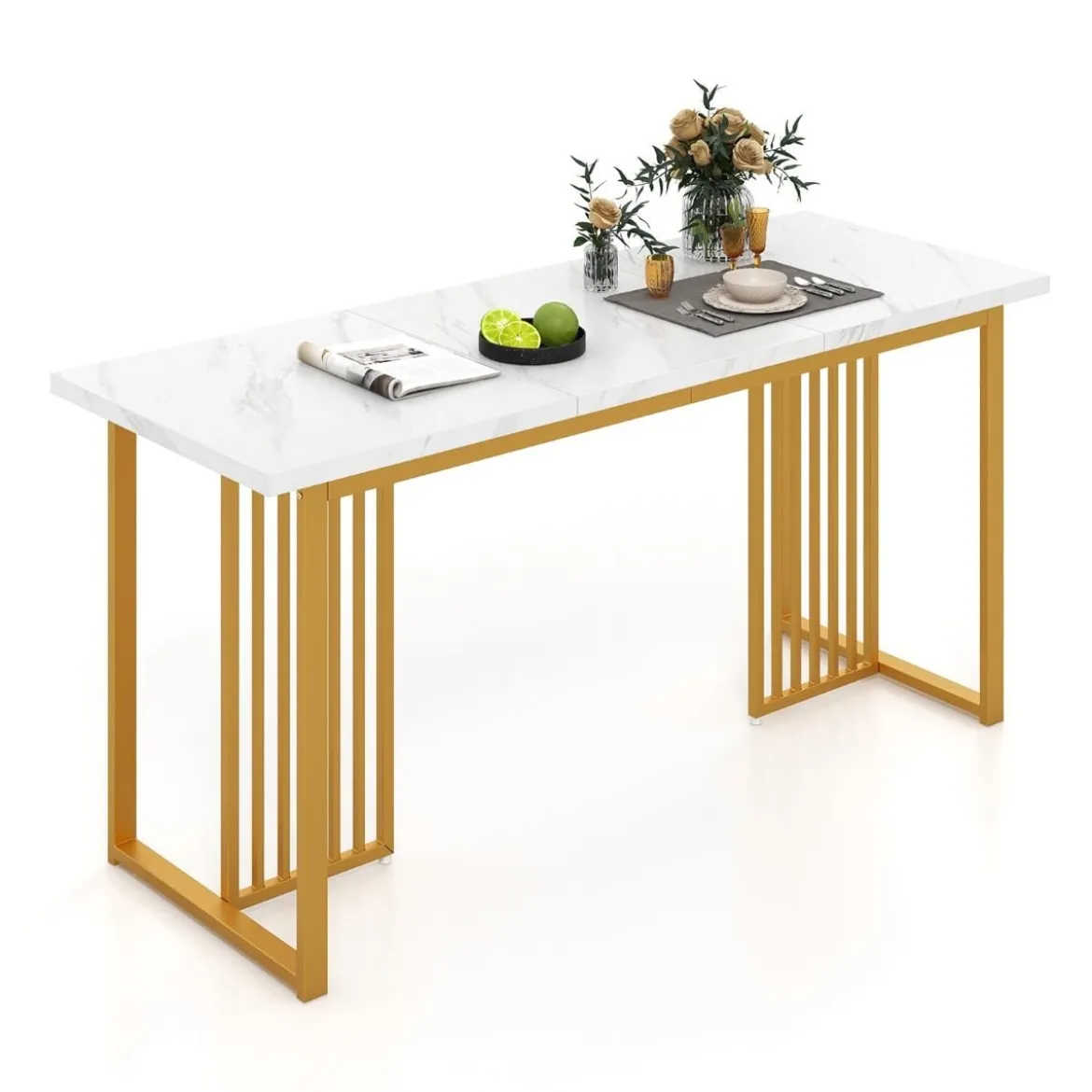 Esszimmertisch Holz 160 x 60 cm rechteckiger Küchentisch mit Marmoroptik & Metallbeinen Weiß + Gold