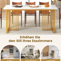 Esszimmertisch Holz 160 x 60 cm rechteckiger Küchentisch mit Marmoroptik & Metallbeinen Weiß + Gold