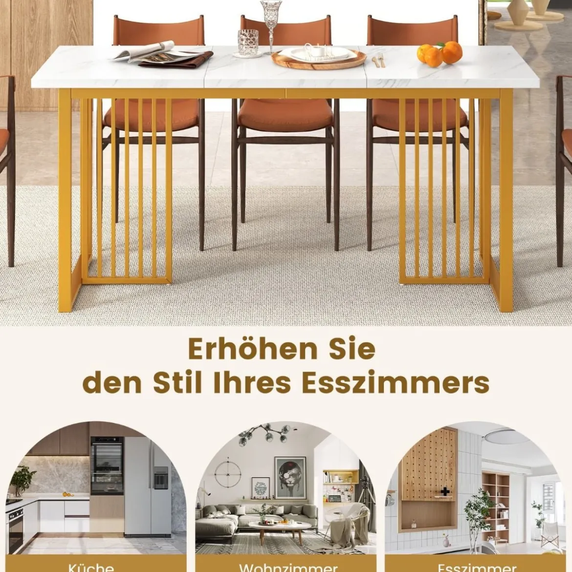 Esszimmertisch Holz 160 x 60 cm rechteckiger Küchentisch mit Marmoroptik & Metallbeinen Weiß + Gold