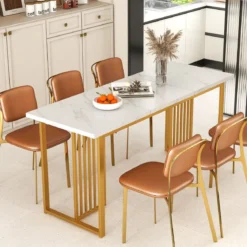Esszimmertisch Holz 160 x 60 cm rechteckiger Küchentisch mit Marmoroptik & Metallbeinen Weiß + Gold