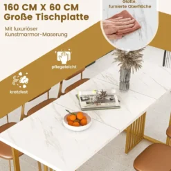 Esszimmertisch Holz 160 x 60 cm rechteckiger Küchentisch mit Marmoroptik & Metallbeinen Weiß + Gold