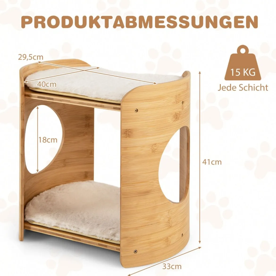 2 Etagen Bambus Katzenbett mit Abnehmbaren Plüschmatten & 2 Katzenlöchern Katzenschlafplatz