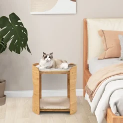2 Etagen Bambus Katzenbett mit Abnehmbaren Plüschmatten & 2 Katzenlöchern Katzenschlafplatz