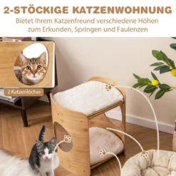 2 Etagen Bambus Katzenbett mit Abnehmbaren Plüschmatten & 2 Katzenlöchern Katzenschlafplatz