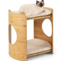2 Etagen Bambus Katzenbett mit Abnehmbaren Plüschmatten & 2 Katzenlöchern Katzenschlafplatz
