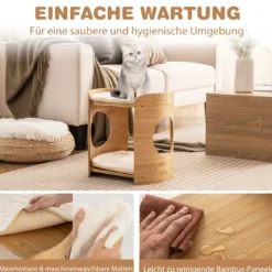 2 Etagen Bambus Katzenbett mit Abnehmbaren Plüschmatten & 2 Katzenlöchern Katzenschlafplatz