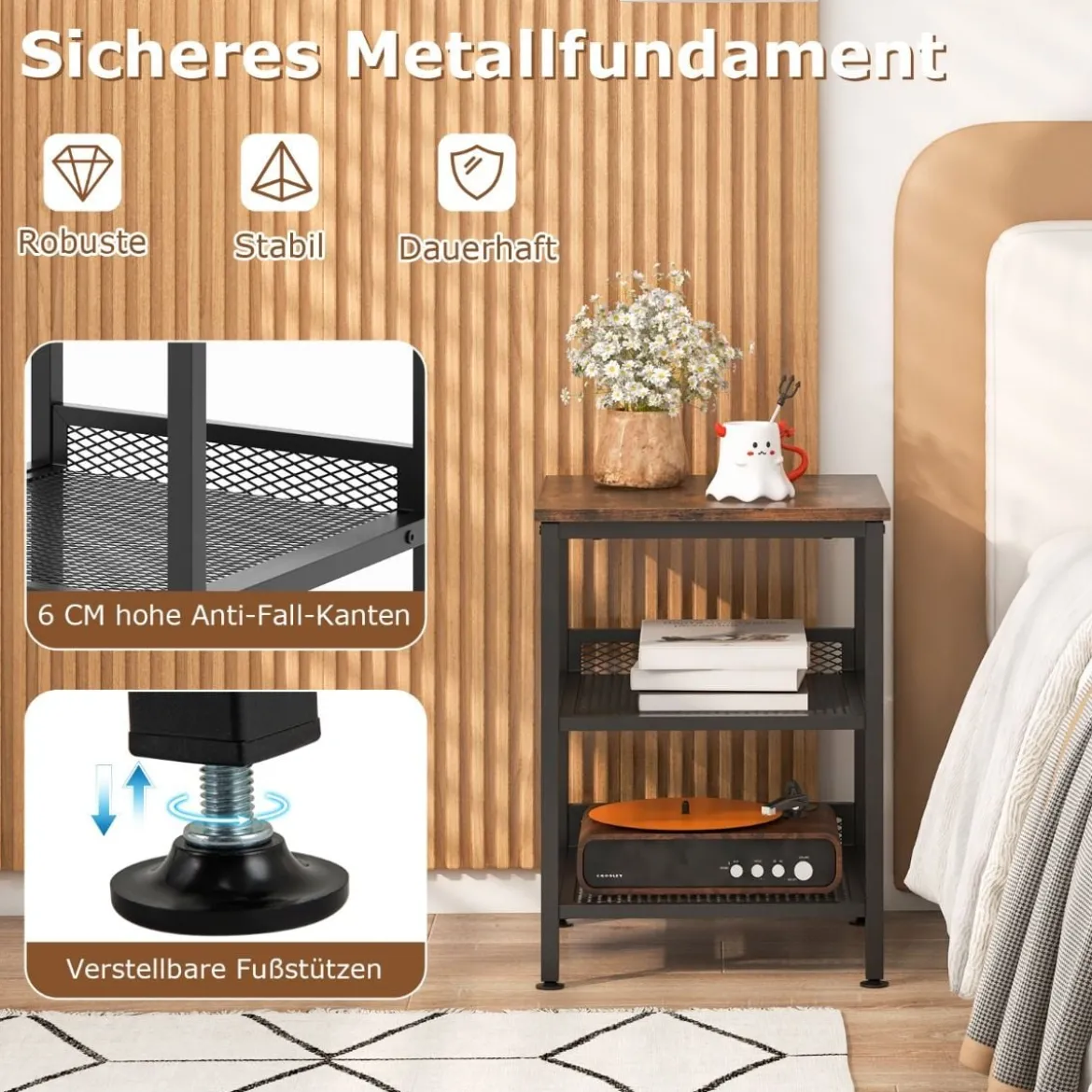3 Etagen Beistelltisch mit Metallgestell & 2 Gitterablagen Quadratischer Nachttisch Industrie Design
