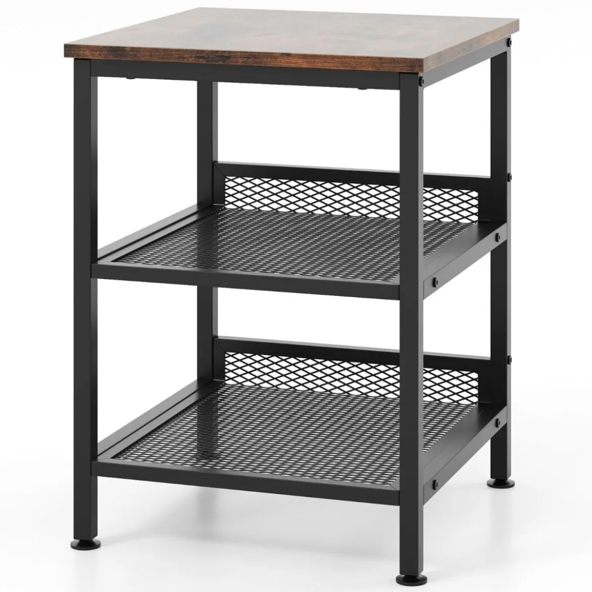3 Etagen Beistelltisch mit Metallgestell & 2 Gitterablagen Quadratischer Nachttisch Industrie Design